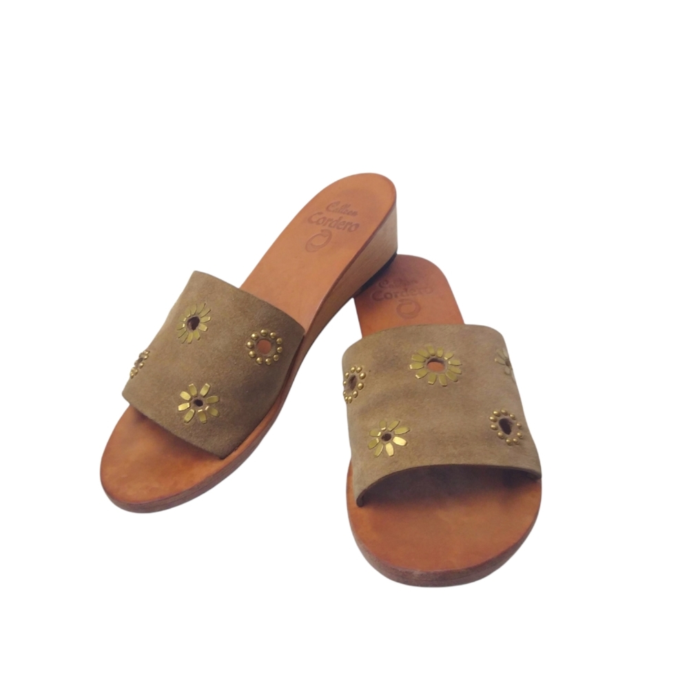 Calleen Cordero Womens Brown Gold Suede Leather Studded Wood Wedge Sandals Us 7